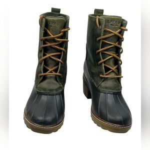 Sperry Saltwater Olive Green Brown Heel Rain Duck Boots Women's 11